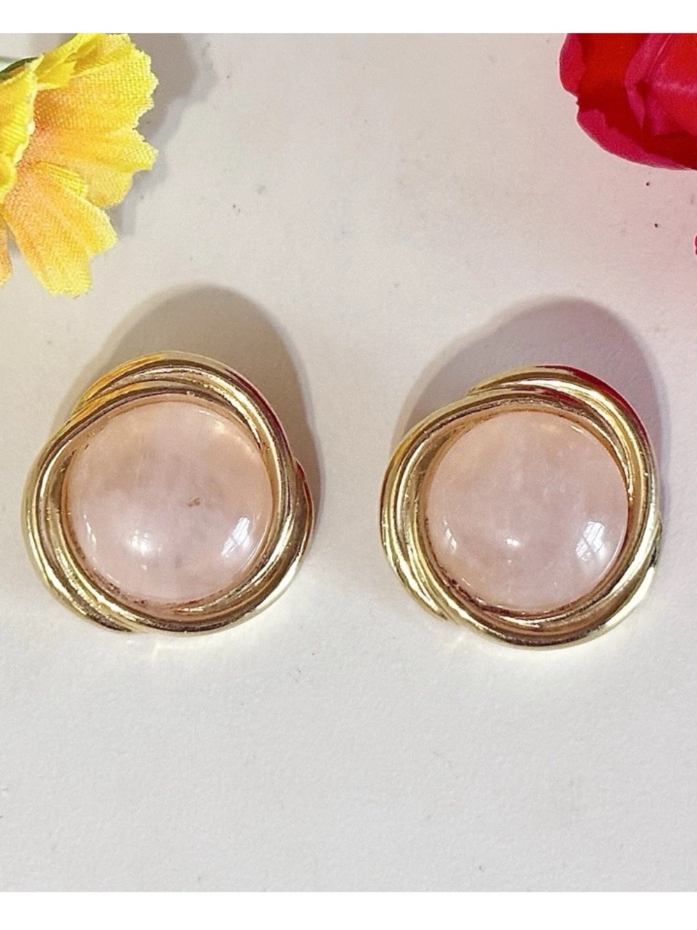 Gold Swirl Pink Rose Quartz Beautiful Statement Clip-On Earrings-Estate Jewelry